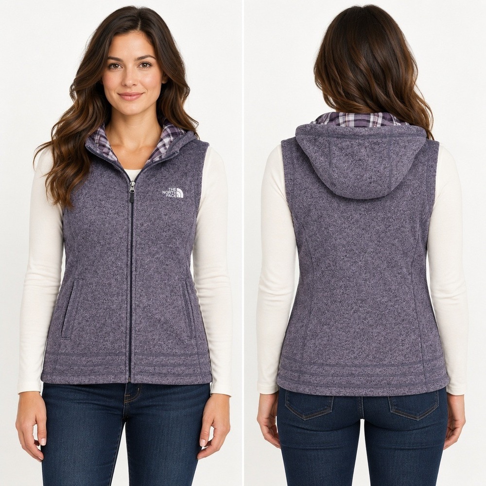 The North Face Womens Crescent Hooded Vest Purple Sweater Fleece Plaid Lining M